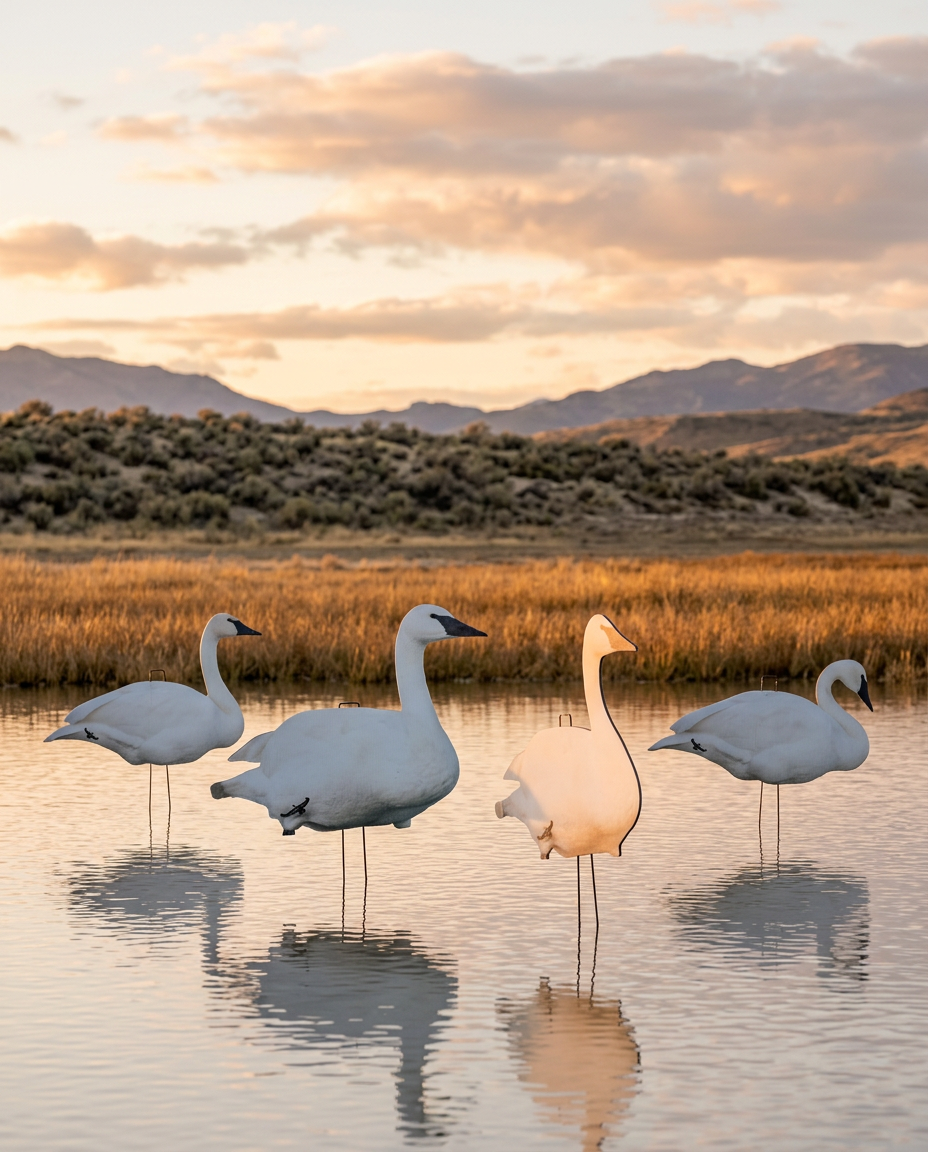 Core swan decoys in a marsh
