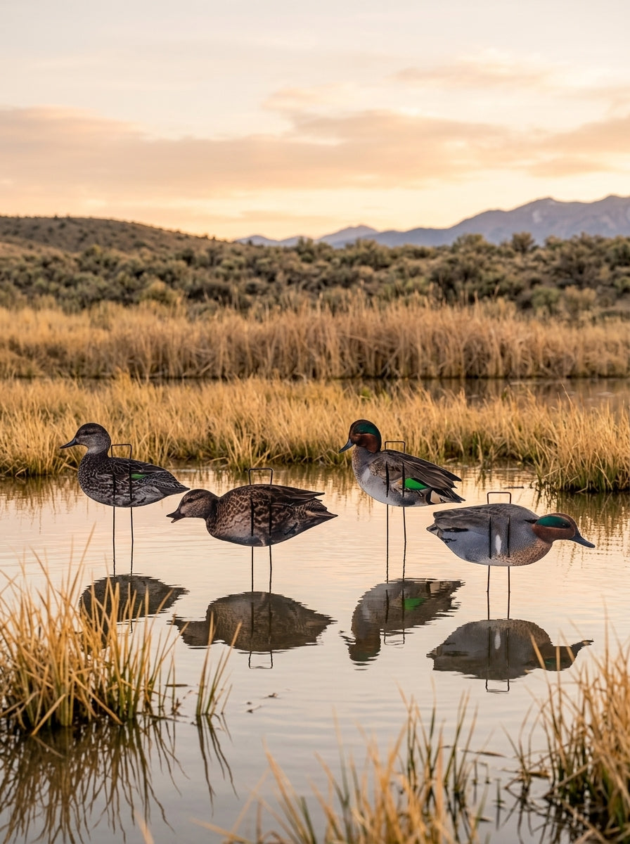 Immortal green-wing teal silhouette decoys