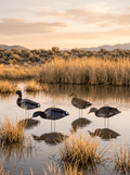 Immortal Mallard silhouette decoys in a marsh at sunrise