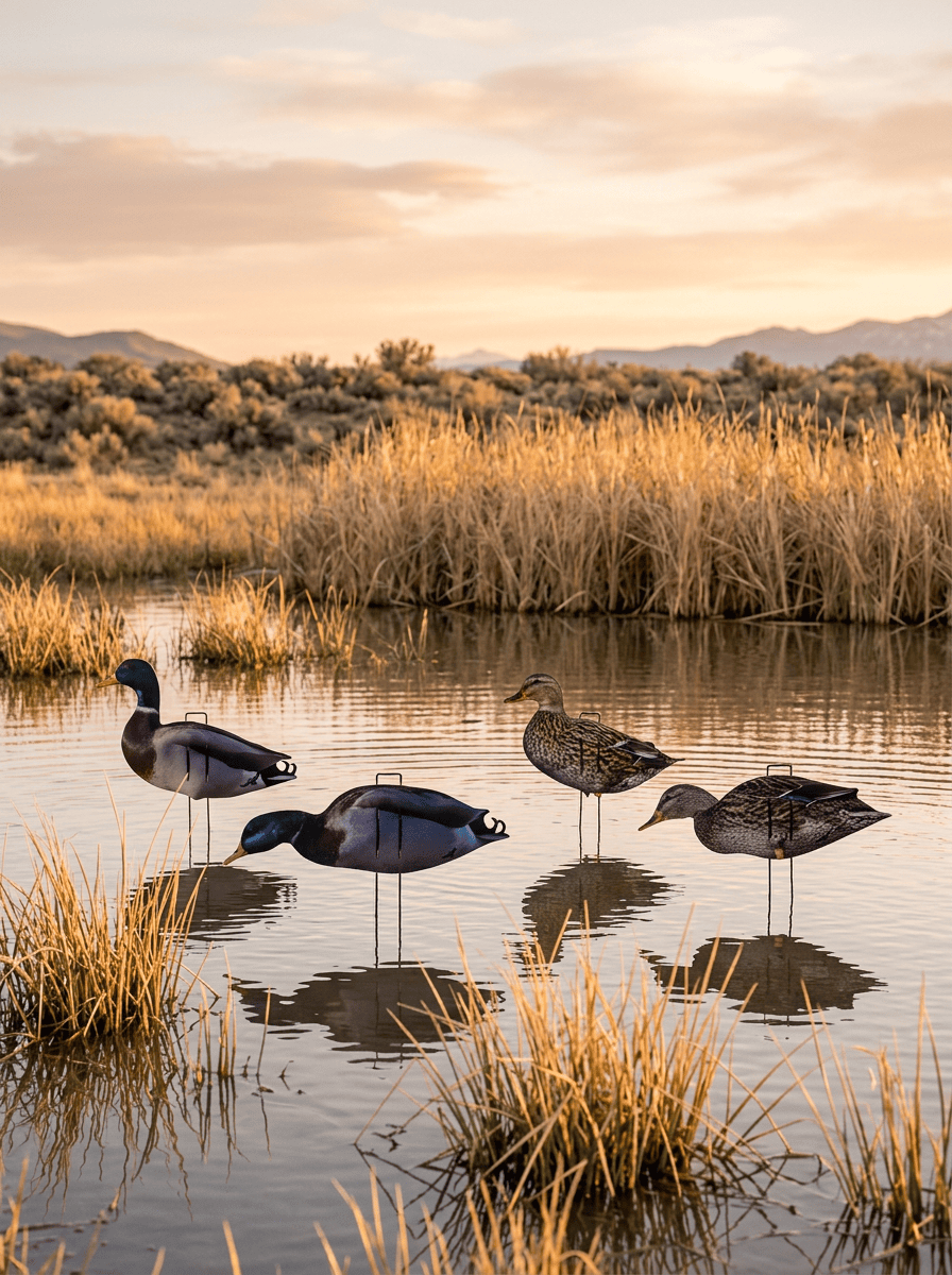Immortal Mallard silhouette decoys in a marsh at sunrise